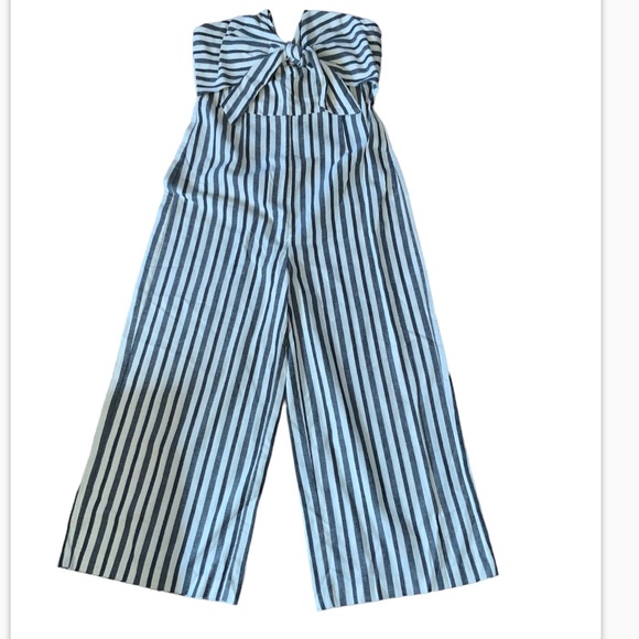 English Factory Pants - English Factory Strapless Wide Leg Cropped Jumpsuit Blue and White Stripes Large